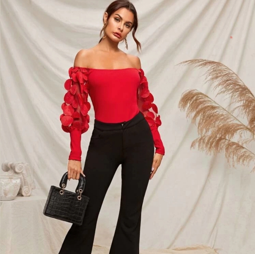 NWOT Gorgeous red applique mesh lantern sleeve top